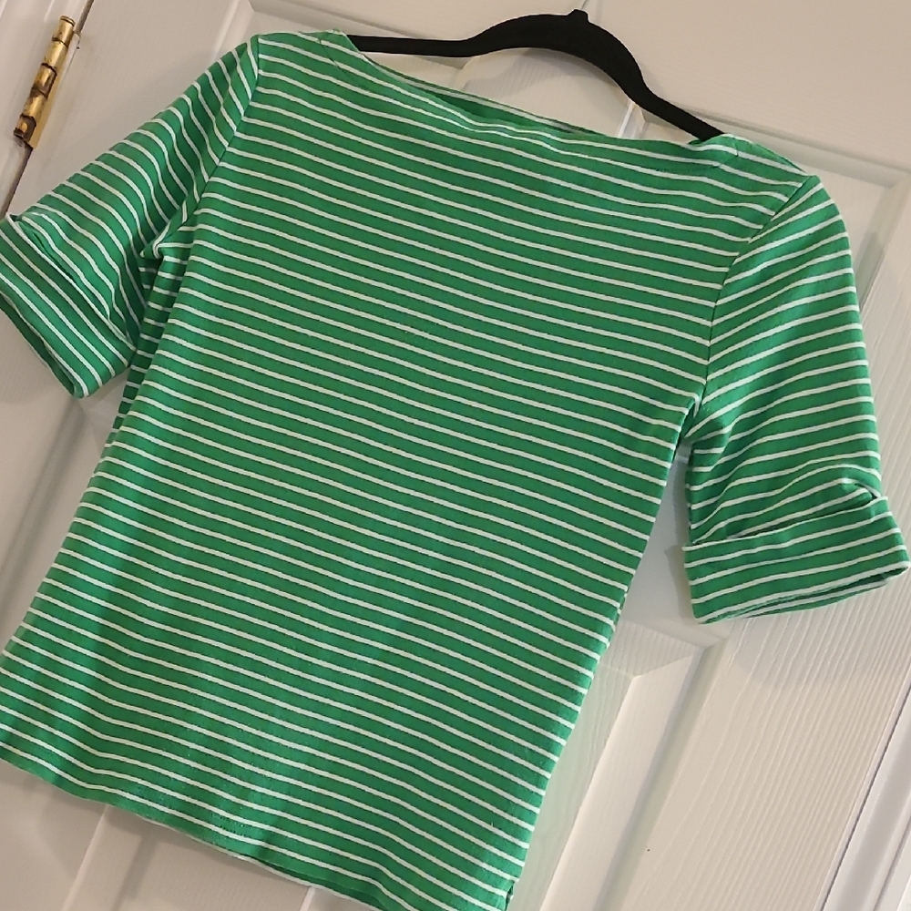 Lauren Ralph Lauren Green and White Striped Boatneck Tee